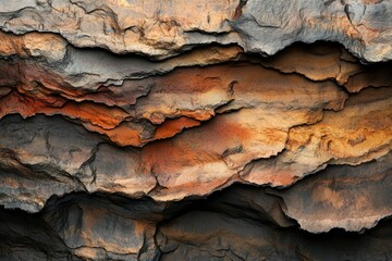 Layered rock formation with varying shades of grey, orange, and brown, showcasing textures and depth.