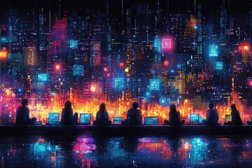 Modern digital collaboration scene with vibrant abstract cityscape lights and technology