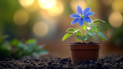 Blue flower growing in a small pot under warm sunlight in a garden during early morning hours. Generative AI