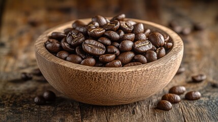 Fototapeta premium Freshly roasted coffee beans in a wooden bowl on a rustic wooden surface. Generative AI