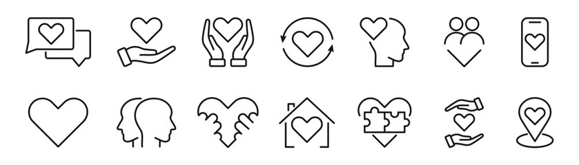 Heart, love, charity related isolated outline icons set