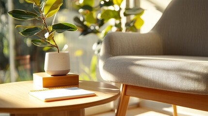 Cozy Living Room Scene with Plant and Sunlit Furniture Elements