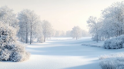 Obraz premium Snow-covered landscape with trees and a serene atmosphere in winter sunlight. Generative AI