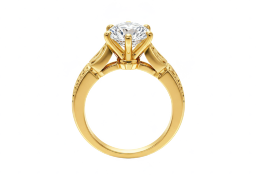 A luxurious gold ring featuring a large solitaire diamond with intricate side detailing, isolated on a white background