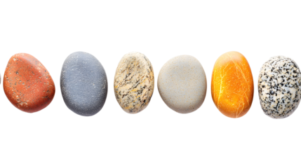 Colorful Assortment of Smooth Pebbles on White Background