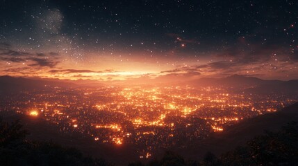 Fototapeta premium City lights illuminate the landscape under a starry night sky at dusk with distant mountains fading in the background. Generative AI