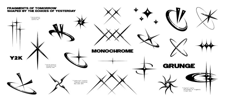 Monochrome gothic brutalism stars, traces, seals, runes, symbols. Gothic style in volumetric monochrome execution. Retro Futuristic stars and tribal elements. Acid y2k shapes for album cover. Vector