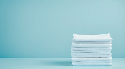 Stacked Fresh White Towels on Light Blue Background for Spa Decor