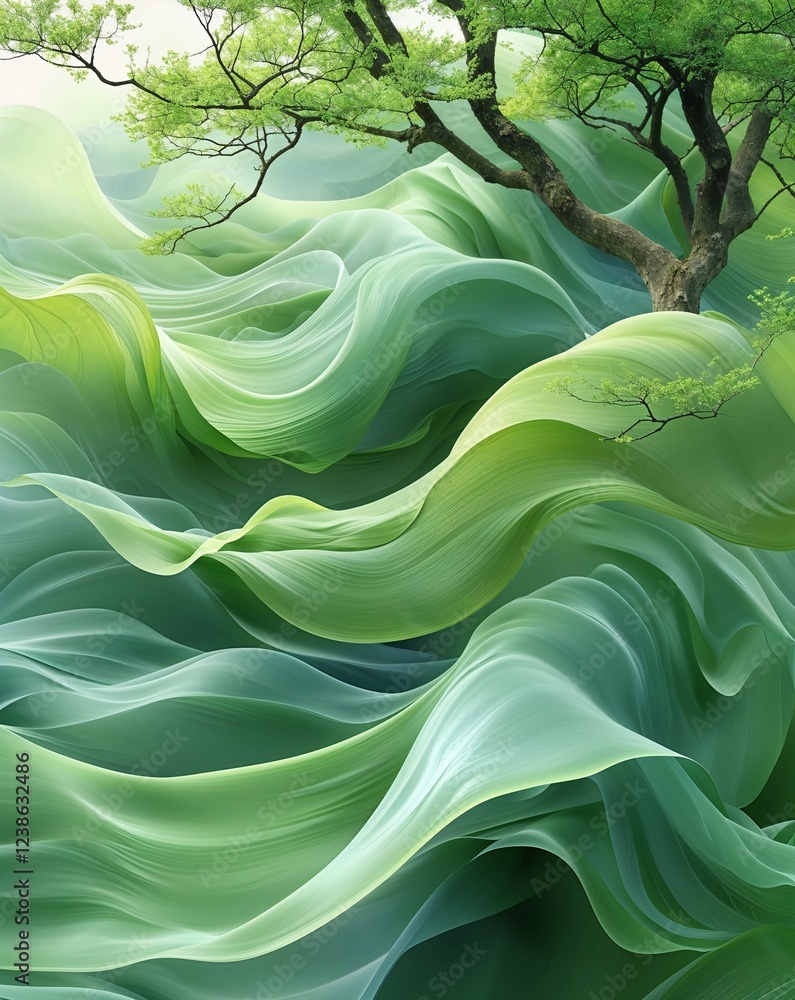 Poster green soft flowing leaves creating a gentle and peaceful aura abstract natural tree concept backgrou