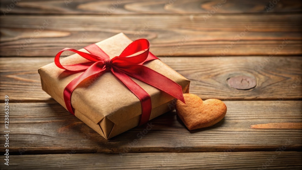 Poster a rustic brown wrapped gift box with a red ribbon and a heart-shaped cookie on a wooden surface
