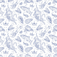 Seafood seamless vector pattern. Hand drawn line octopus, shrimp, salmon, oysters, mussels, squid, crab, lemon, rosemary. Seafood for poster, decoration of fabrics, packaging, menu product market.