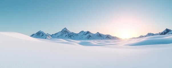 Snowy landscapes nature idea. Serene winter landscape with mountains and a soft sunrise over snowy terrain.