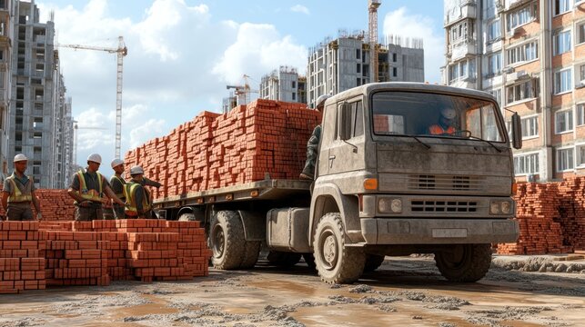 Construction workers unloading bricks at a building site during daytime. Generative AI