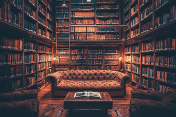Cozy couch positioned in a well-organized library surrounded by bookshelves filled with various books and reading materials