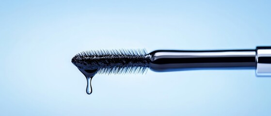 A mascara brush is held still as black mascara drips from the bristles, showcasing its shiny texture in a bright, clean environment