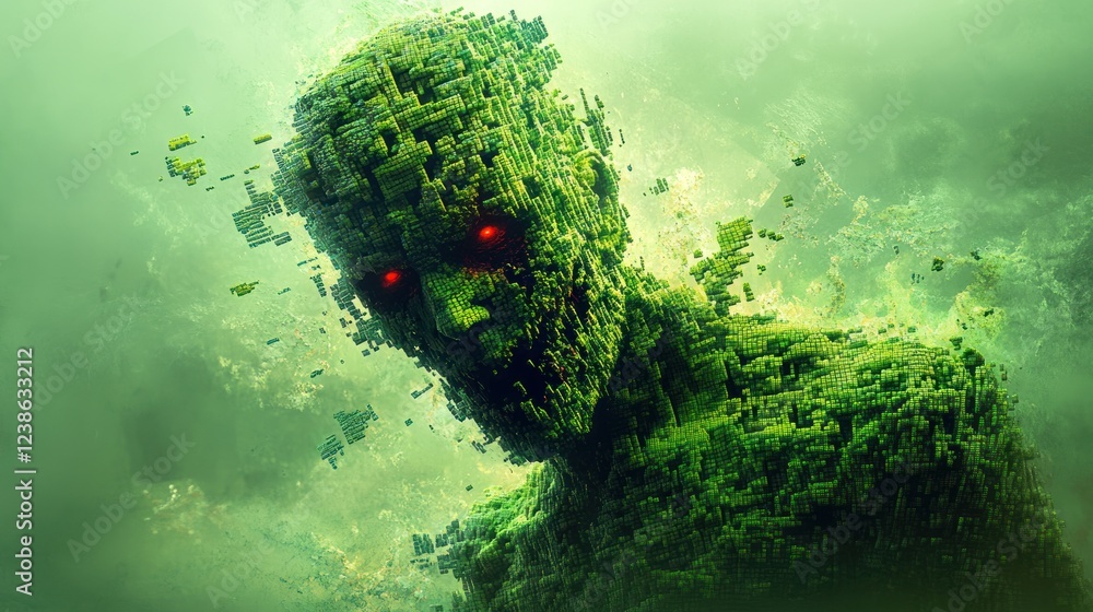 Poster digital green humanoid figure with glowing red eyes amidst a pixelated background in a surreal style