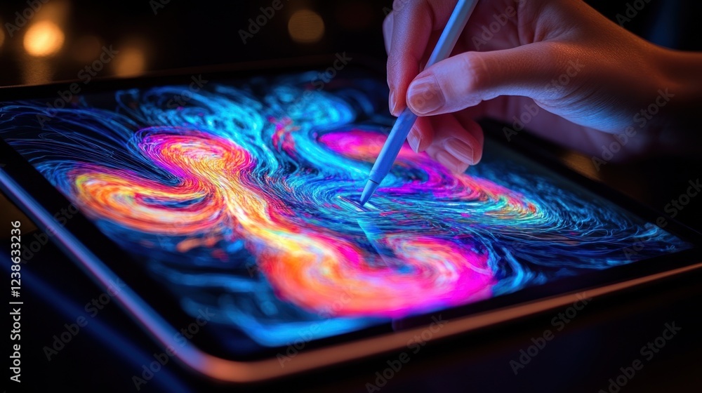 Poster creating vibrant digital art with a stylus on a tablet in a dimly lit environment. generative ai