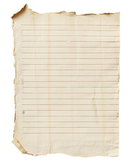 A piece of lined paper with torn edges, isolated on a white background