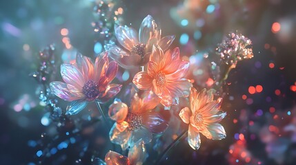Fototapeta premium A mystical bouquet of flowers that sparkle with an iridescent, otherworldly glow
