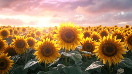 Fototapeta premium Sunflowers bloom under a colorful sunset in a vast field during late afternoon hours. Generative AI