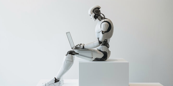 Robot seating and Chatting, White robot using a laptop
