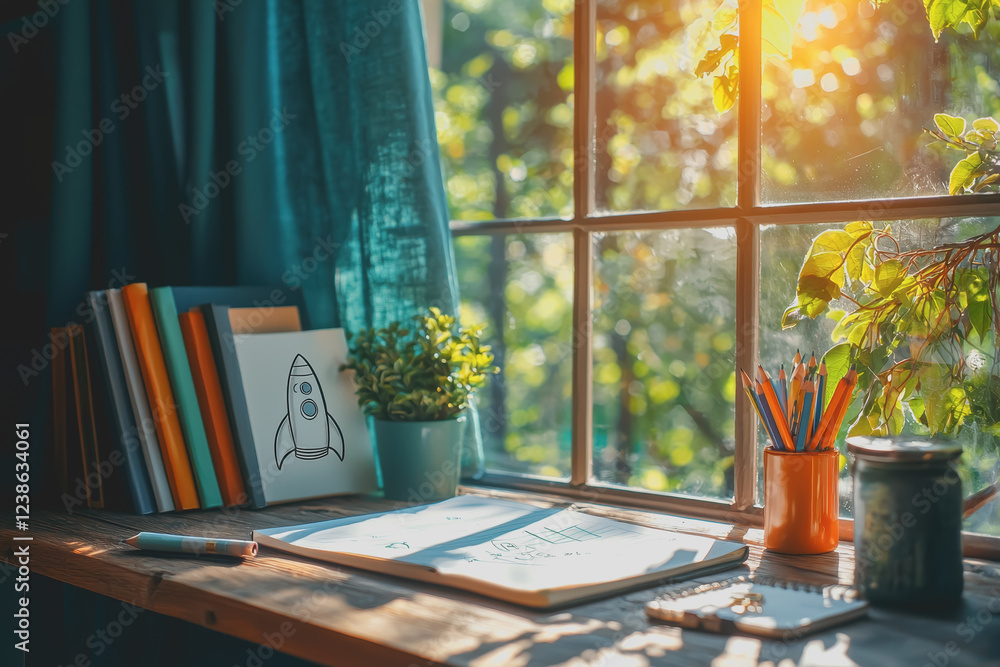 Poster a simple desk setup featuring a small green plant and an open book placed neatly on the surface for 