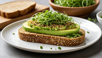 Avocado Toast Microgreens Clean Healthy Sandwich on a White Plate