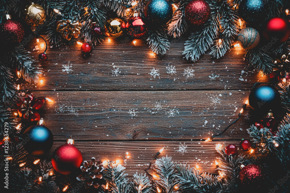 Poster Christmas tree branches adorned with colorful ornaments and twinkling lights on a rustic wooden background creating a festive atmosphere