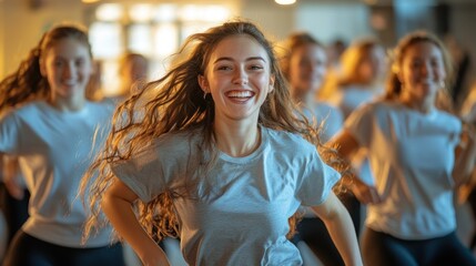 Group of young dancers smiling while practicing a routine in a bright studio during late afternoon. Generative AI