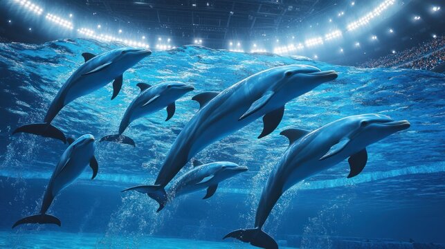 Dolphins performing acrobatics in an underwater arena during an aquatic show with bright lights. Generative AI