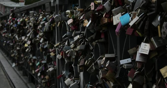 Love locks on Eiserner Steg Bridge in Frankfurt, Germany