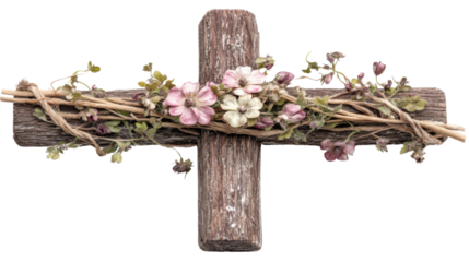 Wooden cross decorated with flowers and twigs on transparent background