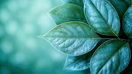 Obraz premium Close-up view of vibrant green leaves, showcasing intricate details and textures. Nature photography, botanical image, ideal for nature-themed designs and backgrounds.