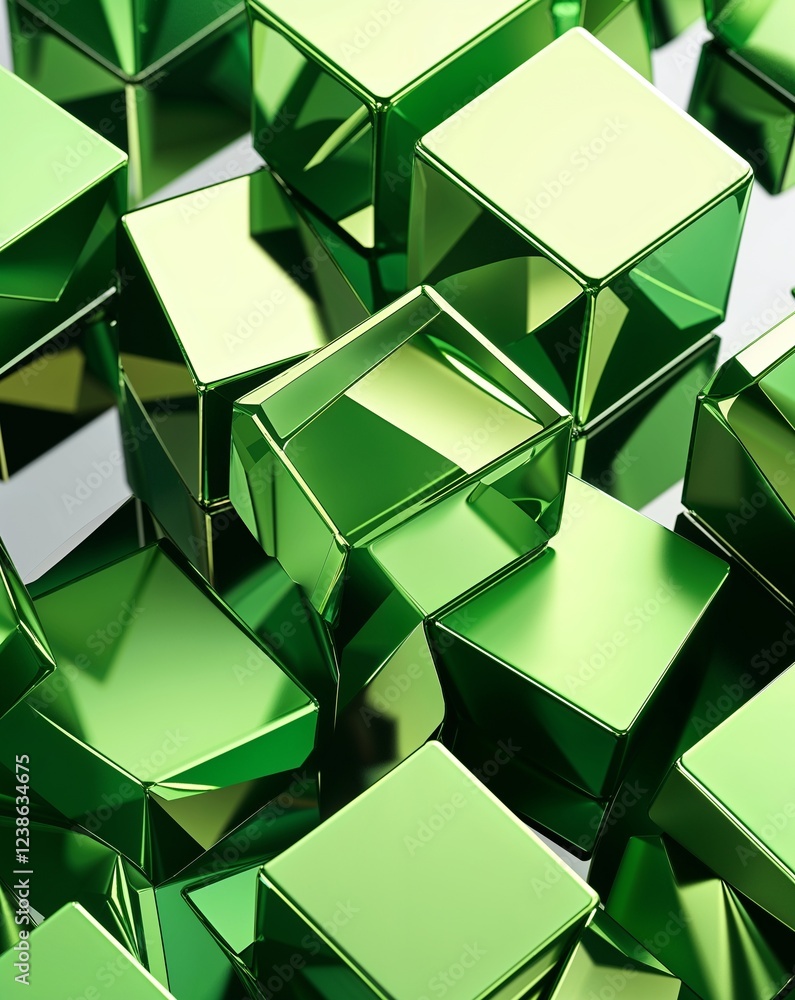 Aufkleber lime green metallic cubes with sharp edges and high reflectivity abstract background