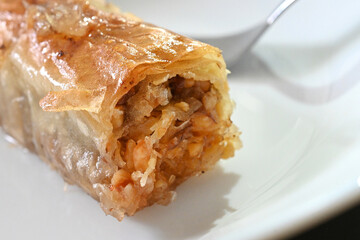 turkish baklava with walnuts and fork close up image