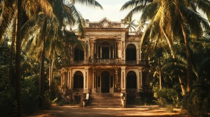 Fototapeta premium Abandoned Tropical Mansion Overgrown With Palm Trees