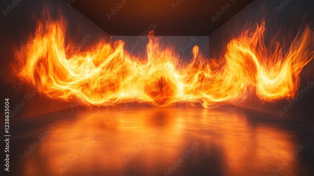 Poster fire flames dance in an empty room creating a vibrant display of light and color. generative ai