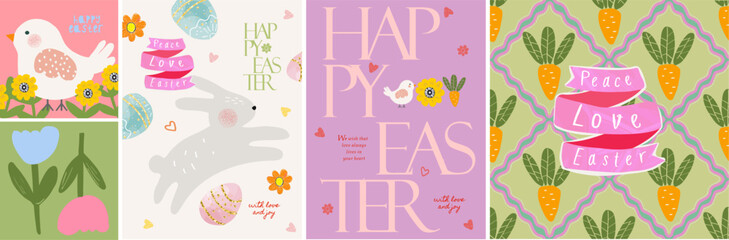 Happy Easter! Vector cute modern illustration of bunny, carrot, chick, tulips, eggs, flowers, seamless pattern for greeting card, poster or background 