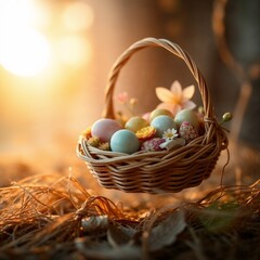 Obraz premium Rustic Easter Basket with Pastel Eggs and Wildflowers at Sunrise in Natural Forest Setting