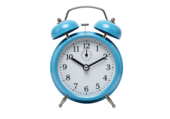 A retro-style blue alarm clock with two bells on top, showing 10:10 on the face, isolated on a white background