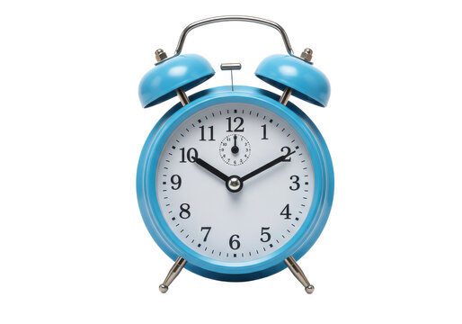 A retro-style blue alarm clock with two bells on top, showing 10:10 on the face, isolated on a white background