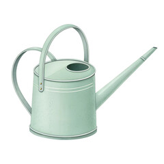 Watering can in pastel green gardening still life simple design close-up nature, isolated on white or transparent background