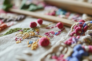 Obraz premium Close-up view of intricate embroidery on natural linen fabric showcasing needlework skill