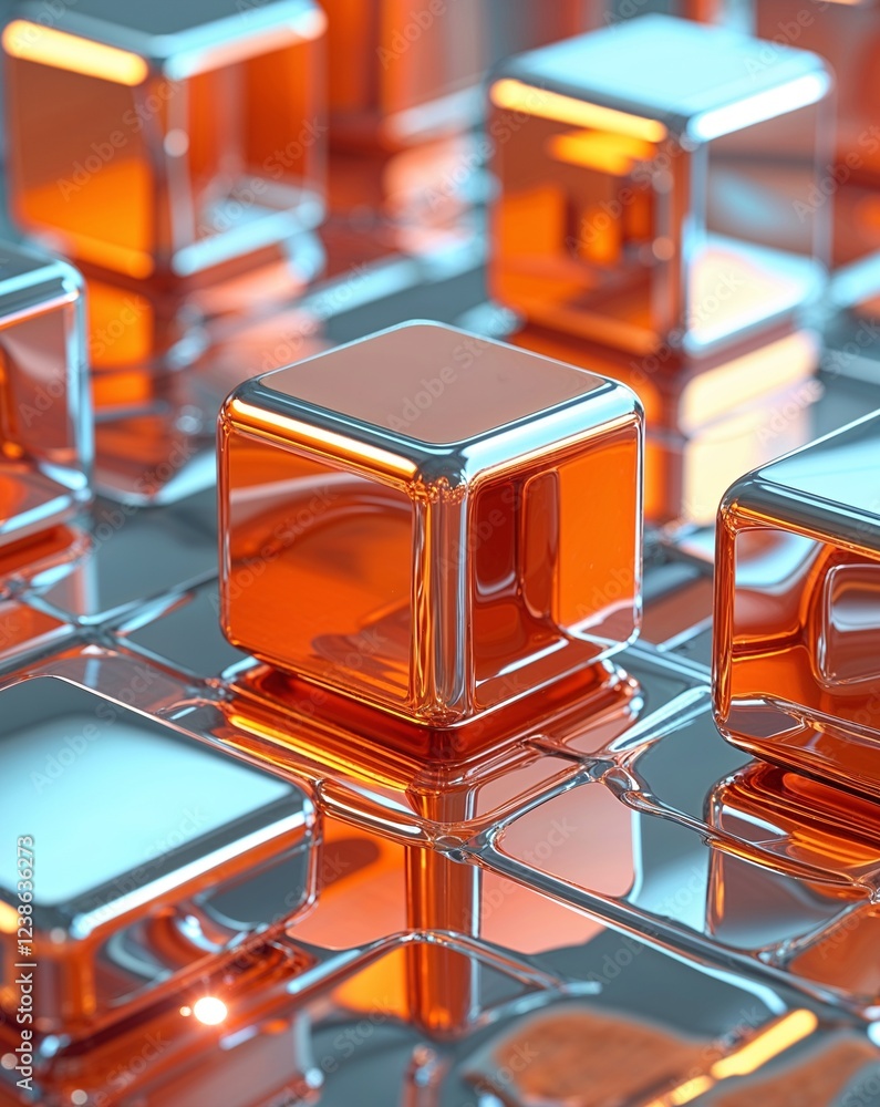Poster orange metallic cubes with polished chrome reflections and a glowing effect abstract background