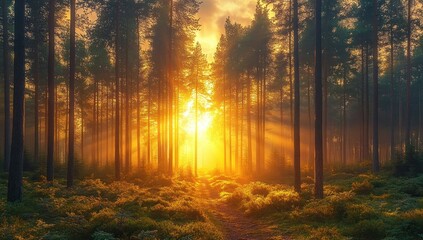 Fototapeta premium Serene Sunrise in Enchanted Forest with Soft Golden Light and Inviting Pathway