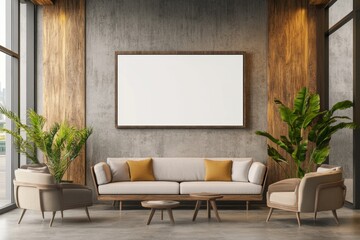 A comfortable seating area in an airport lounge features a blank digital billboard and large windows