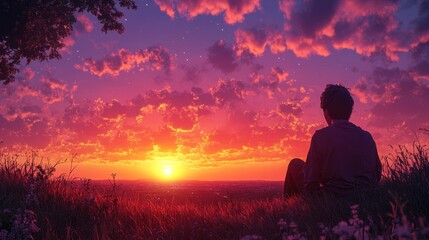 Obraz premium Witnessing a vibrant sunset from a serene hilltop with scattered clouds during twilight hours. Generative AI