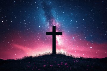 Cross Silhouette against Starry Night Sky in Surrealism with Vibrant Colors and Ethereal Lighting
