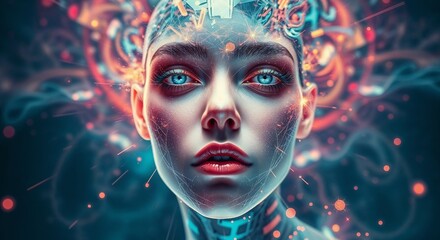 Futuristic Portrait of a Woman with Cybernetic Enhancements and Digital Energy for Sci-Fi and Technology Concepts