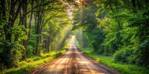 Fototapeta premium Sunlit Path Through Verdant Forest Canopy on a Misty Morning